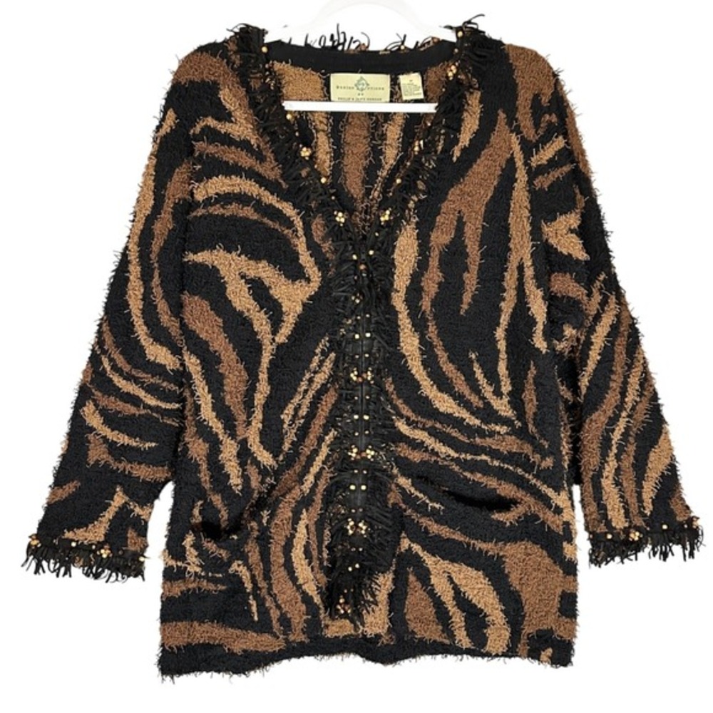 Design Options Philip&Jane Gordon Sz M Tiger Beaded Shag Fringe Cardigan Sweater